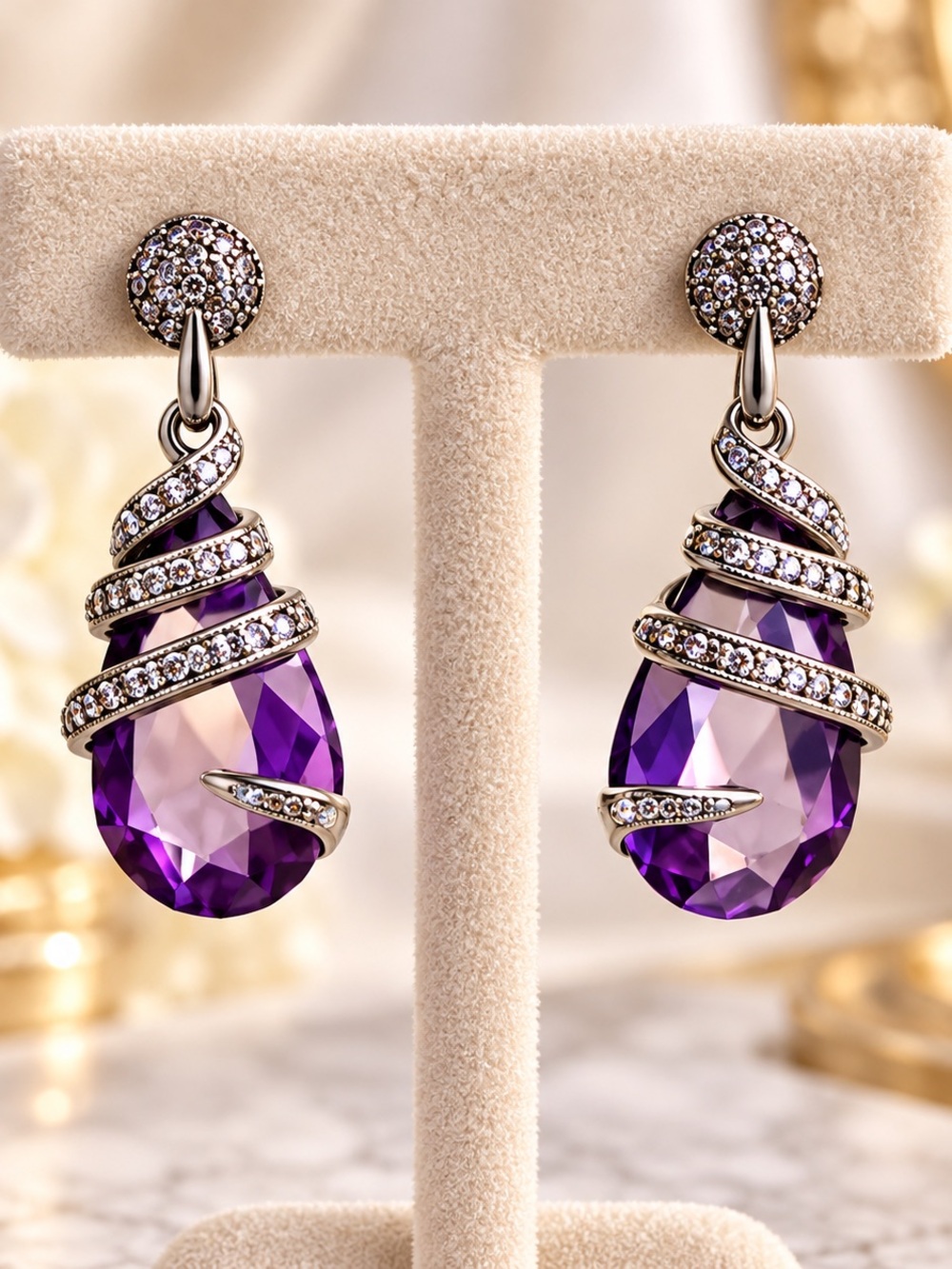 nOir Jewelry Purple Crystal Drop Earrings Silver Tone Pavé Wrap Statement